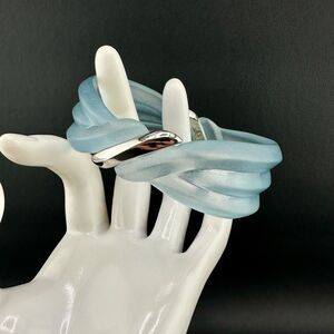 Vintage Lucite Bangle Bracelet Frosted Baby Blue Ribbed Dimensional Wave Signed